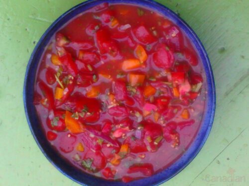 Salsa in a blue bowl