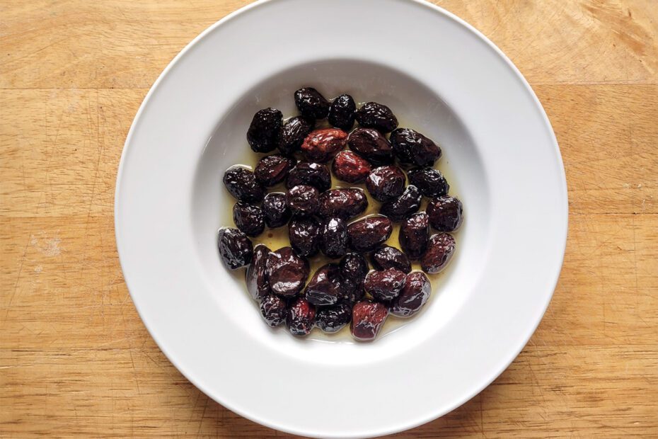 Dry cured olives on a dish