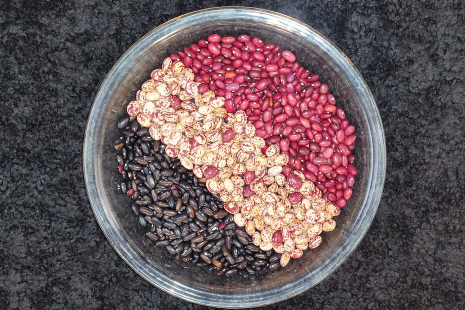 3 Beans for chili, anasazi beans, pinto beans and turtle beans
