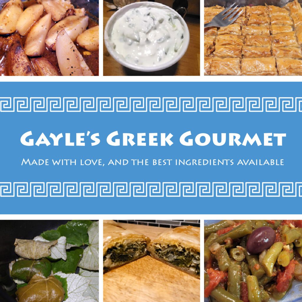 Gayle's Greek Gourmet logo and sample images